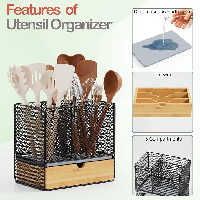 Utensil Holder, 2-in-1 Kitchen Utensil Holder with Silverware Drawer Organizer for Countertop, 3 Compartments Cooking Utensil Holder with Diatomaceous Earth Base for Kitchen Counter, Black