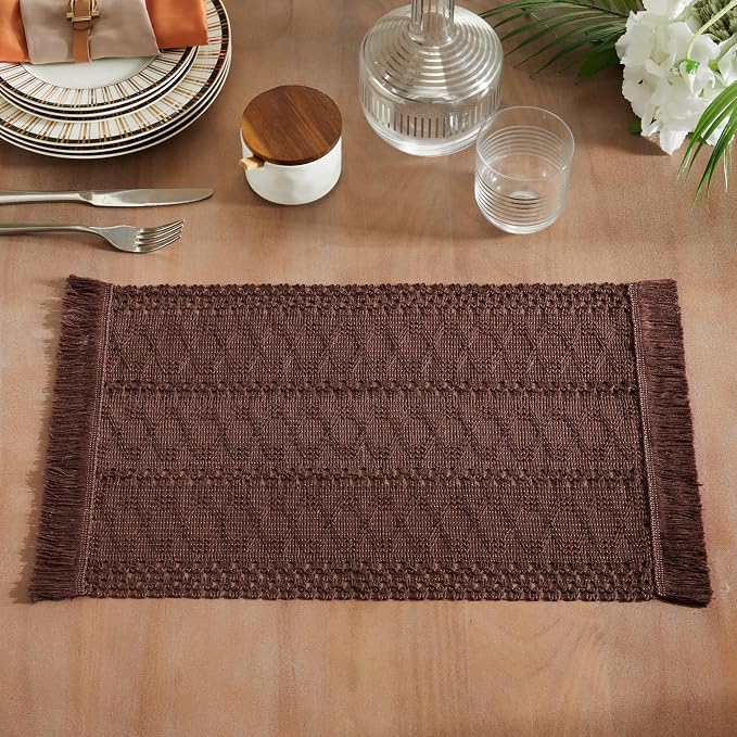 ZeeMart Macrame Style Boho Placemats Set of 6, Chocolate 12x20 Inch | Decorative Farmhouse Table Mats, Natural Cotton Woven Place Mats, Bohemian Home Decor for Kitchen Dining Table