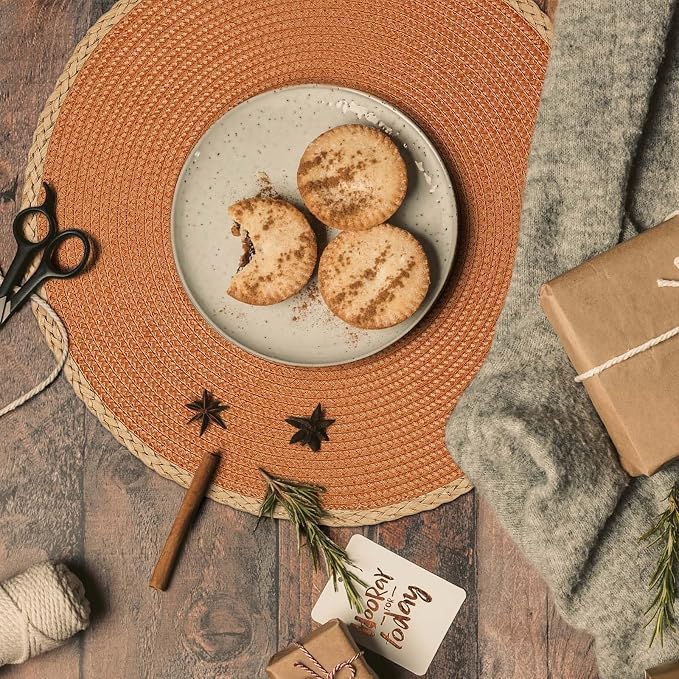 Noctiflorous Braided Round Placemats Set of 6, 15 Inch Woven Table Mats, Non-Slip Washable Thin Edge Place Mats for Kitchen Dining Table Decor (Orange, 6)
