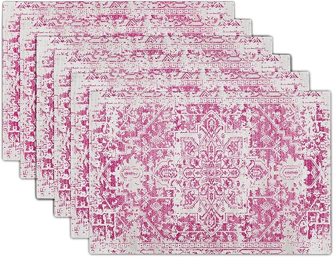 Gray Hot Pink Boho Placemats Set of 6 Ethnic Bohemian Carpet Place Mats Washable Kitchen Dining Vintage Grey Geography Floral Linen Table Mats Stain Heat-Resistant for Home Party Indoor 12x18 in