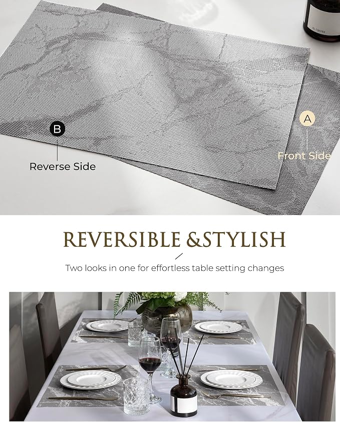 Leetaltree Reversible Marble Placemats Set of 8 – Ships Flat and Stays Flat, Durable Washable Vinyl PVC Placemats, Heat Resistant, Easy Wipe Clean (Gray Marble Pattern)