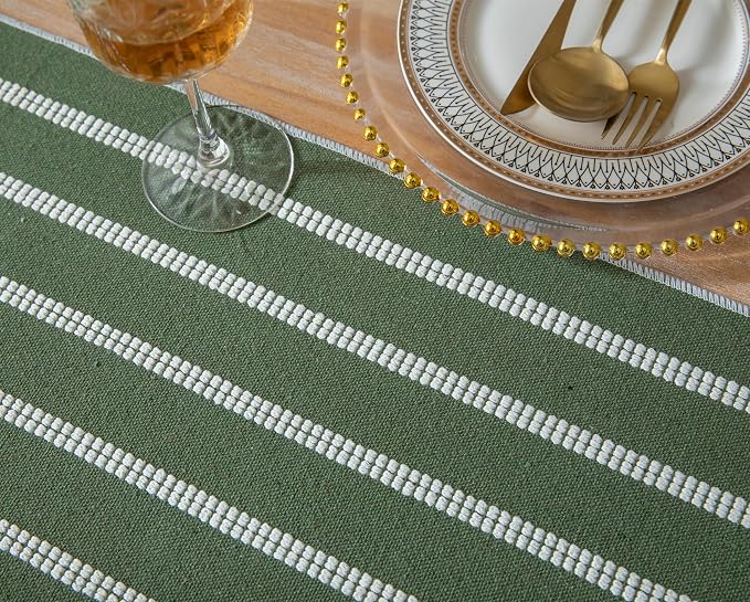 Caflife Boho Table Runner 90 Inchs Long Green, Cotton and Linen Woven with Tassels, for Modern Rustic Farmhouse Neutral Table Runners, Bohemian Kitchen Dining Table Home Decor