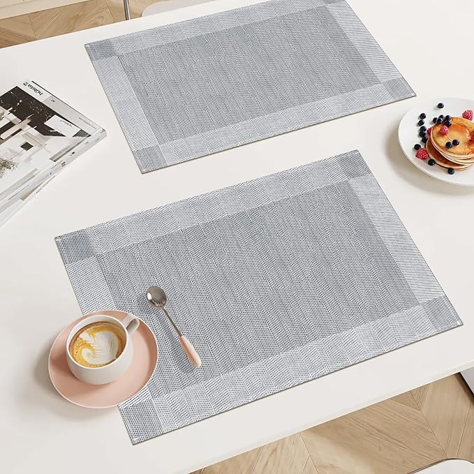Bloss Placemats Set of 6, Linen Woven Place Mats for Kitchen Table Indoor/Outdoor, 11.8" x 17.7" Washable Silver Gray Placemat Dining Table Mats