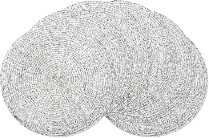 AHHFSMEI Round Placemats Set of 6 Heat Resistant Washable Non-Slip Woven Braided Table Mats for Dining Table Kitchen & Home Decor (Silver Shine)