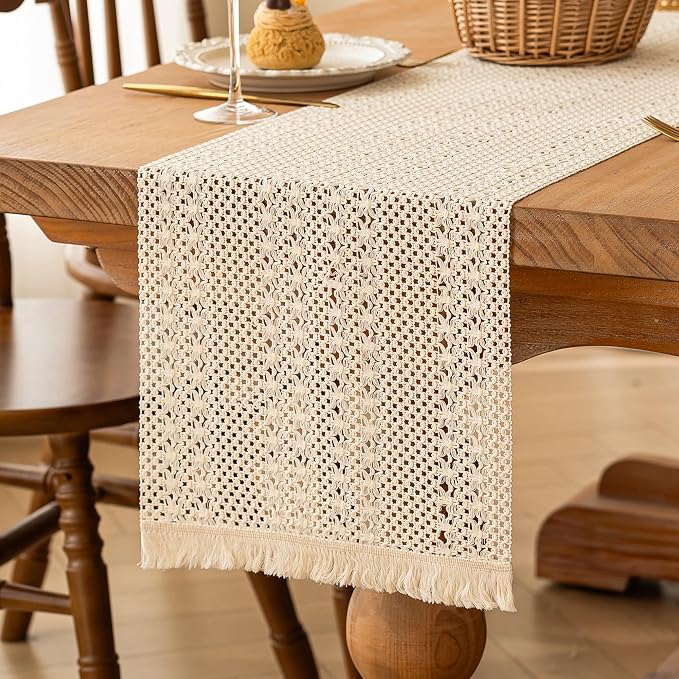 FEXIA Boho Table Runner for Home Decor with Tassels 72 Inch Farmhouse Burlap Table Runner Rustic Lace Decoration for Living Room Dining Table, Entryway Kitchen Natural Beige (12x72 Inch)