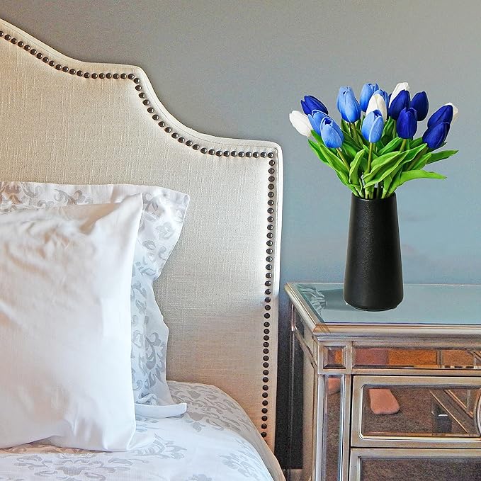 Mandy's Shades of Blue Artificial Tulips Flowers Centerpiece, 13.5" Lifelike PU Fake Floral Stems 20pcs for Kitchen Island & Dining Table, Spring Decor for Easter