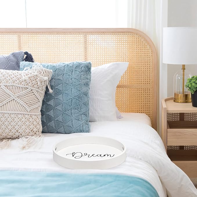 Elegant Designs HG2013-WDR Decorative 13.75'' Round Wood Serving Tray w/Handles, Dream, White Wash Dream