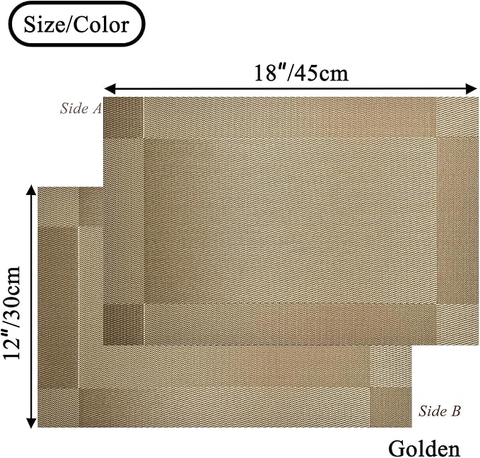 Placemats Vinyl Twill Weave Heat-Resistant Table Mats Washable Kitchen Placemats for Dinig Table Set of 6 (Gold)