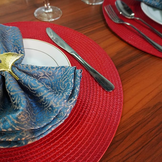 Round Braided Placemats Set of 4 Washable Easy to Clean Place Mats for Dining Tables Woven Non-Slip Heat Resistant Table Mats 15 Inch (Red)