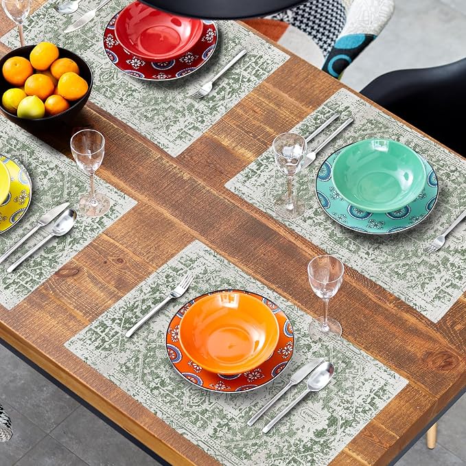 Gray Sage Green Boho Placemats Set of 6 Ethnic Bohemian Carpet Place Mats Washable Kitchen Dining Vintage Grey Geography Floral Linen Table Mats Stain Heat-Resistant for Home Party Indoor 12x18 in