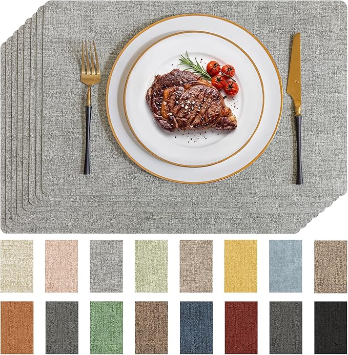 Romanstile Vinyl Placemats Set of 8-12 X 17 Inch - Faux Leather 100% Waterproof Wipeable Anti Slip Place Mats, Heat Resistant Reversible PU Table Mats for Kitchen Dining Party Outdoor, Light Grey
