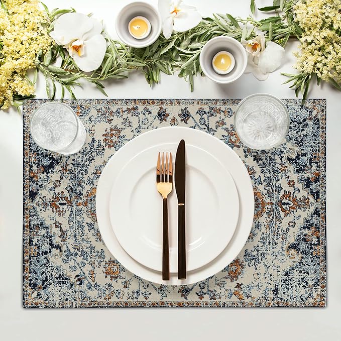Brown Navy Blue Ethnic Boho Placemats Set of 4 Bohemian Carpet Vintage Gold Black Tan Floral Linen Washable Kitchen Dining Table Mats Stain Heat-Resistant Desktop Place for Home Party 12x18 in