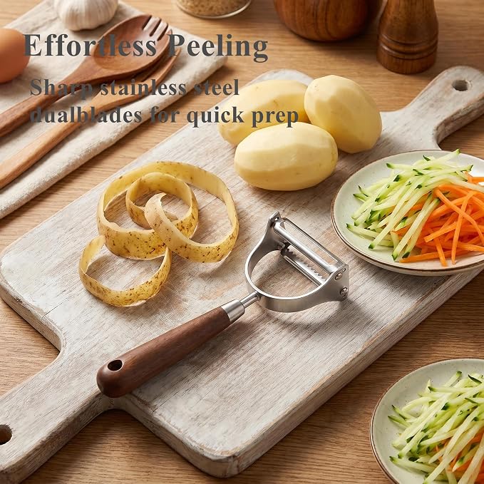 Aniso 2-in-1 Stainless Steel Vegetable Peeler and Julienne | Cutter with Ergonomic Non-Slip Wooden Handle for Potatoes, Apples, Carrots, veggie, Essential Kitchen Tool