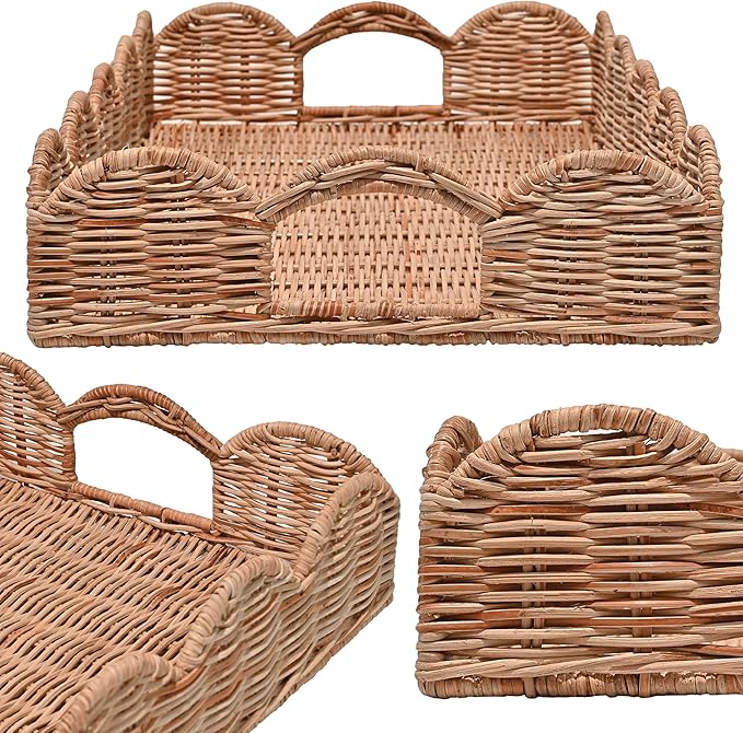 happimess TRY1000B Scalloped 21.5" Southwestern Cottage Hand-Woven Rattan Tray with Handles for Storage,Decoration, Display, Coffee Table or Serving Food, Light Brown