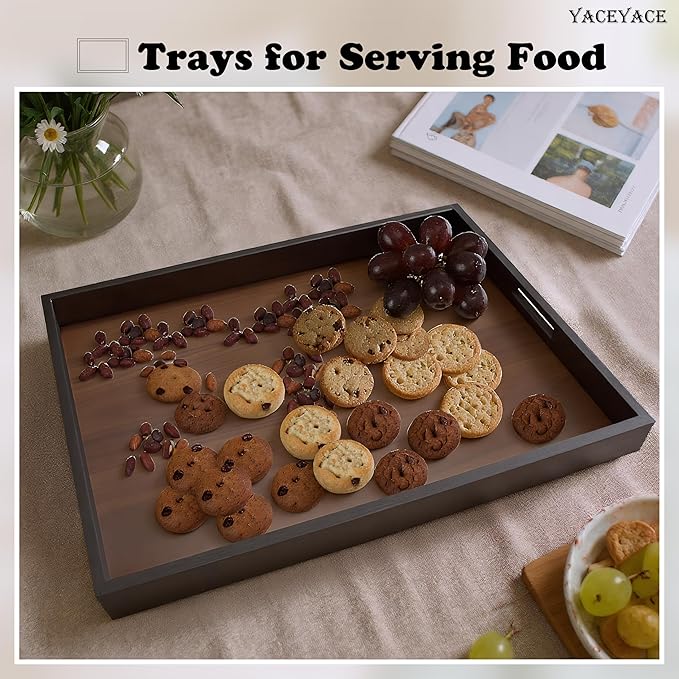 Wood Serving Tray Large, 17"x12"x1.5" Large Serving Tray with Inset Handle for Ottoman, Home Decor, Bathroom, Party, Dining, Coffe Table