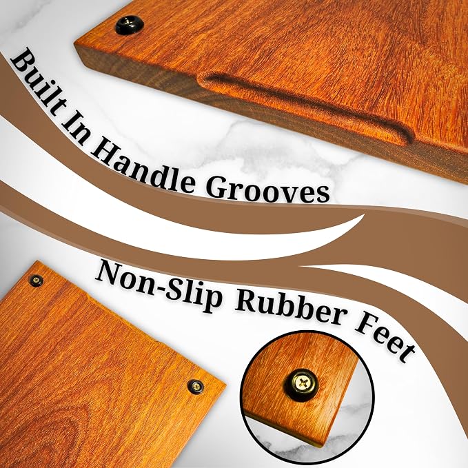 Teak Wood Cutting Board, Scratch & Warp Resistant, Premium Hardwood Wooden Cutting Board with Handles & Non-Slip Feet, For Meat, Vegetables & Charcuterie (17x11x0.75)