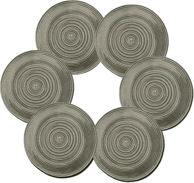 Youyi Round Braided Placemats Set of 6, 15 Inch Place Mats Washable Heat Stain Resistant Resistant Non-Slip Modern Farmhouse Table Mats for Kitchen Decor, Light Gray