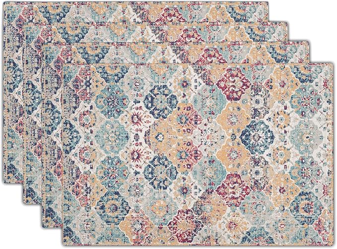 Ethnic Boho Placemats Set of 4 Bohemian Carpet Vintage Rust Coral Floral Carpet Linen Washable Kitchen Dining Table Mats Stain Heat-Resistant Desktop Decor Place Mats 12x18 in