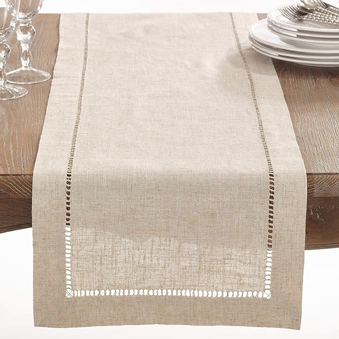 Saro Lifestyle Poly and Linen Blend Hemstitched Table Runner with Hemstitch Border, 16"x72", Natural