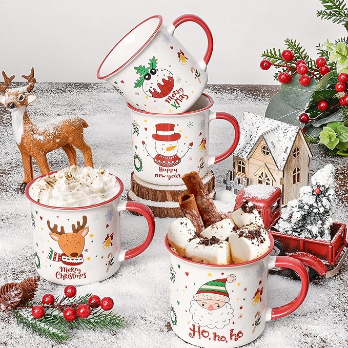 YHRJWN Christmas Mugs Set of 4, Festive Design Coffee Mugs with Santa Snowman Reindeer, Holiday Mugs for Hot Cocoa, Gifts for Family Friends, Holiday Decor, 13 Oz