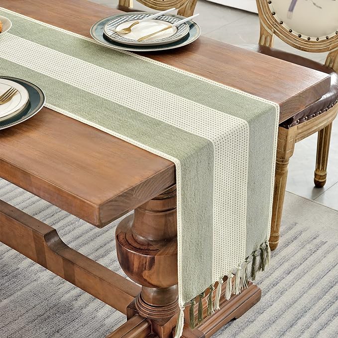 Wracra Linen Table Runner, Farmhouse Macrame Table Runners 48 Inches Long for Dining Table Decor, Wedding, Party and Dresser Decor (Sage Green,48")
