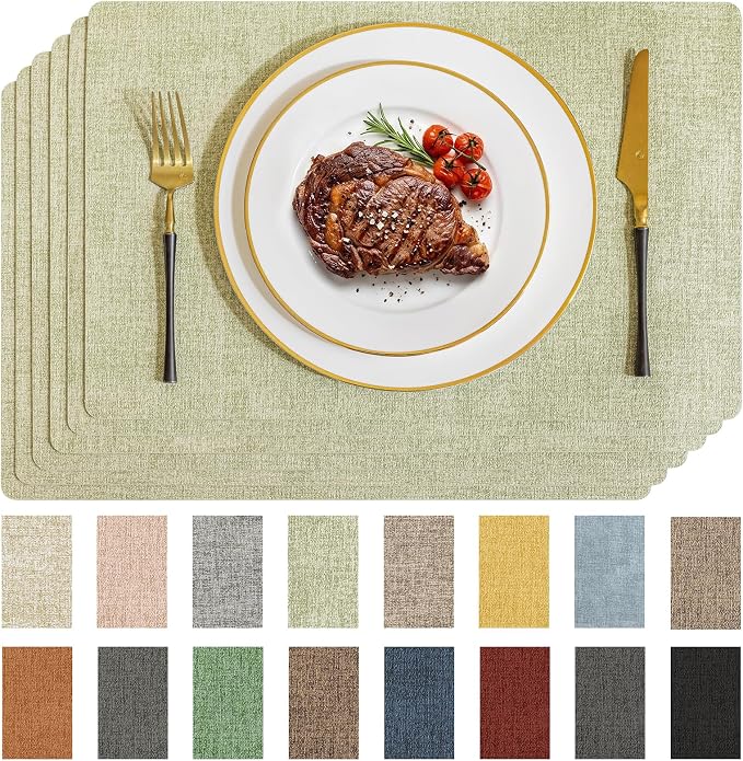 Romanstile Vinyl Placemats Set of 6-12 X 17 Inch - Faux Leather 100% Waterproof Wipeable Anti Slip Place Mats, Heat Resistant Reversible PU Table Mats for Kitchen Dining Party Outdoor, Grass Green