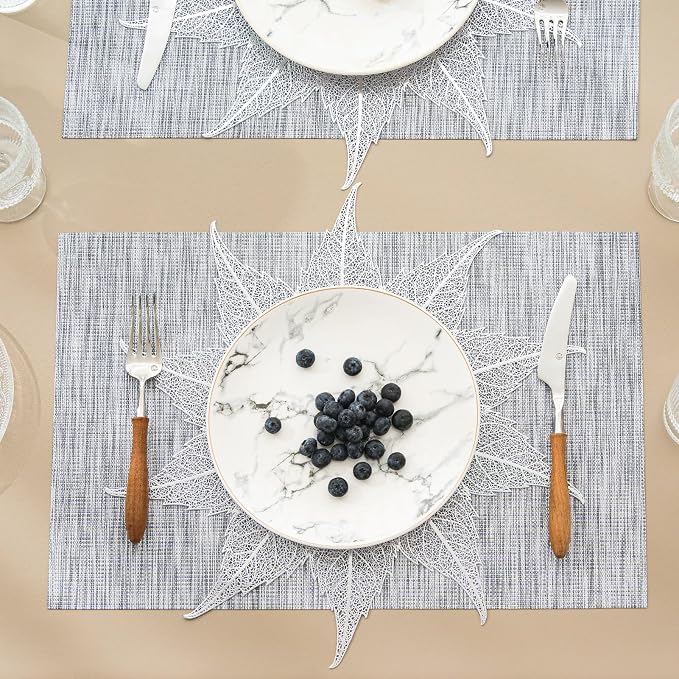 BACKTOEDEN Placemats Set of 4 Heat Resistant Washable Wipeable Placemats Woven Non-Slip Foldable Vinyl/Plastic Placemat Indoor/Outdoor Place Mats Kitchen Dining Table Mats, Silver Maple Leaf & Gray