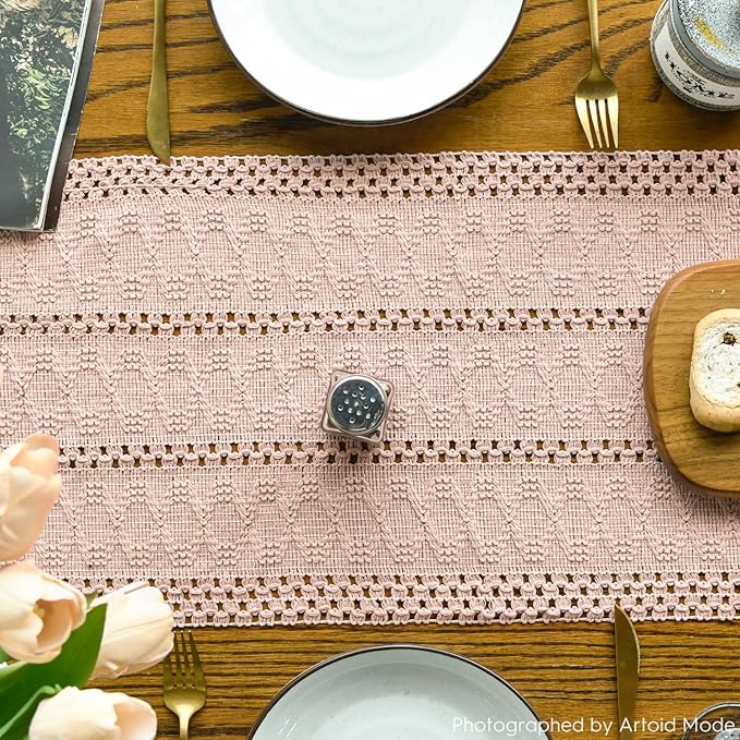 Artoid Mode Pink Farmhouse Woven Rustic Hollow Table Runner, Seasonal Holiday Hollow Kitchen Dining Table Decoration for Home Party Decor 12x120 Inch