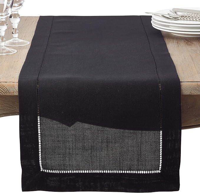 SARO LIFESTYLE Hemstitched Border Table Runner, Black, 16"x90"