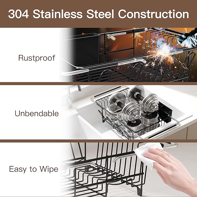 Over the Sink Expandable Dish Drainer Drying Rack In Stainless Steel for Small Kitchen, Counter Space Saving Modern Compact Metal Above Plate Dryer Strainer, Adjustable Hanging Inside Drain Holder