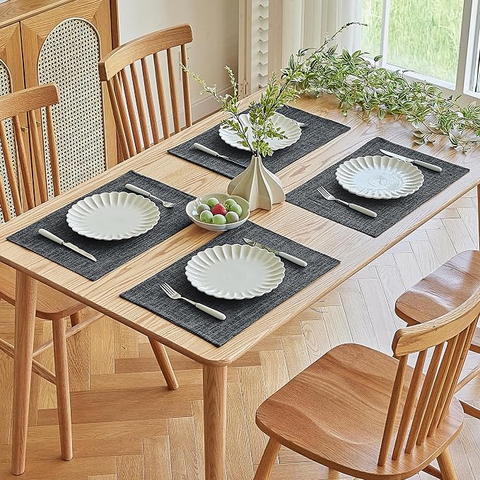 Softalker Faux Linen Placemats Set of 6-12 x 18 Inch, Heat Resistant Double Layered Durable Burlap Farmhouse Place Mats, Non-Slip Washable Rustic Table Mats for Dining, Kitchen, Party（Dark Grey