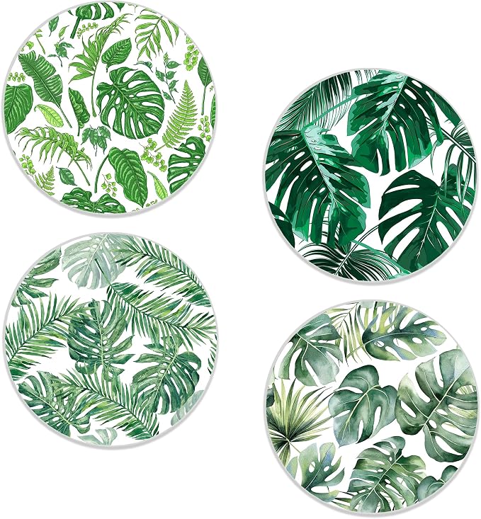 Drinks Coasters Set of 4, Green Palm Leaves Round 4" Cup Coasters, Absorbent Ceramic Stone Coasters with Cork Base, Cute Coasters for Table Home Décor, Ideal Gifts for Women Men