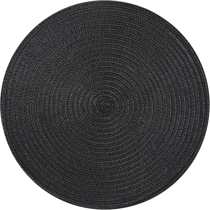 Topotdor 14 Inch Round Placemats Heat-Resistant Stain Resistant Anti-Skid Washable Polyproplene Table Mats Placemats (Black, Set of 6)