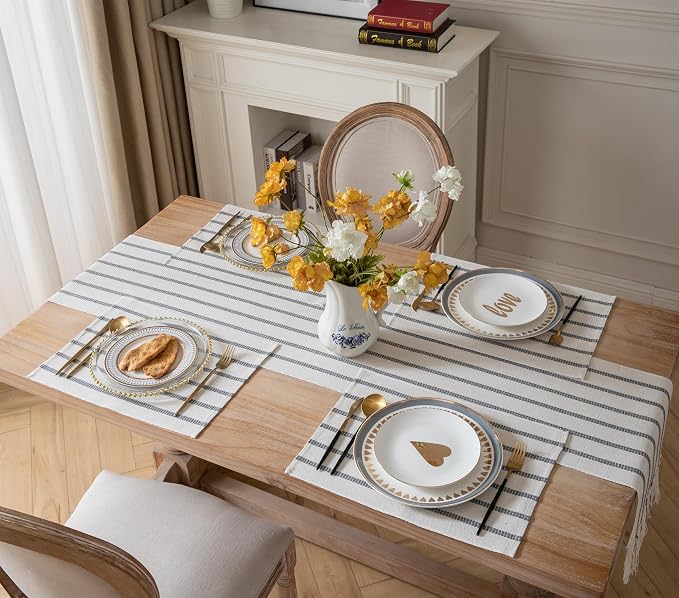 Caflife Boho Farmhouse Placemats Set of 4, Grey Stripes Cotton Linen Woven Table Mats for Modern Dining Table, 13x19 Inch Rustic Kitchen Decor Place Mats