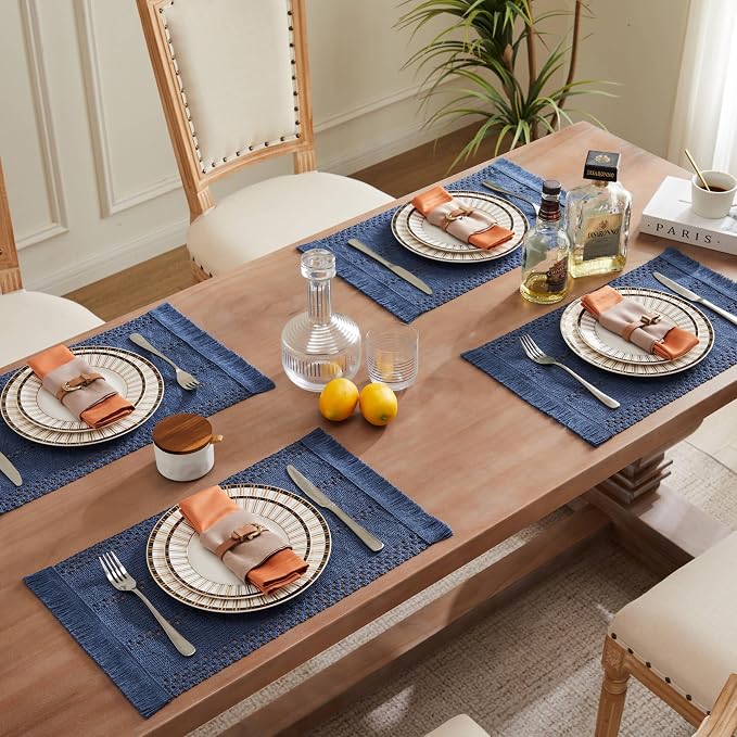 ZeeMart Macrame Style Boho Placemats Set of 6, Dusty Blue 12x20 Inch | Decorative Farmhouse Table Mats, Natural Cotton Woven Place Mats, Bohemian Home Decor for Kitchen Dining Table
