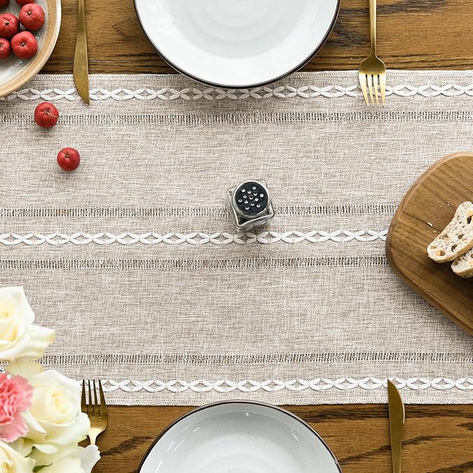 Artoid Mode Brown Rustic Cotton Linen Table Runner, Seasonal Embroidered Hollow Kitchen Dining Table Decoration for Home Party Decor 13x60 Inch