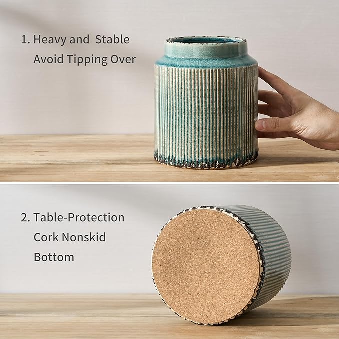 JIEMEI HOME Kitchen Utensil Holder, 6.77" Ceramic Farmhouse Stable Utensil Crock for Countertop, Vintage Style Cooking Tool Organizer with Cork Mat, Spatula Holder For Kitchen Decor, Antique Blue