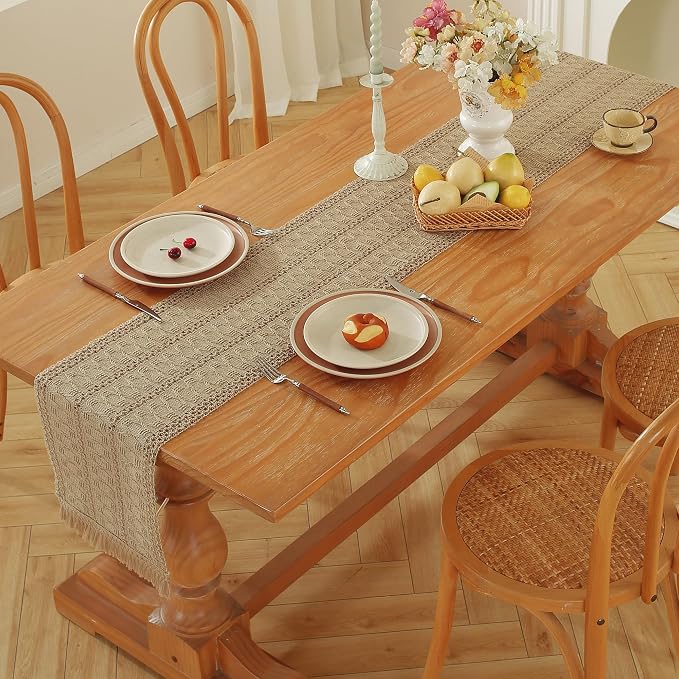 Niviy Burlap Boho Table Runner for Home Decor with Tassels 108 Inches Long, Modern Farmhouse Decor Rustic Macrame Woven Coffee Table Runners for Spring Dining Table Decoration, Burlap Brown