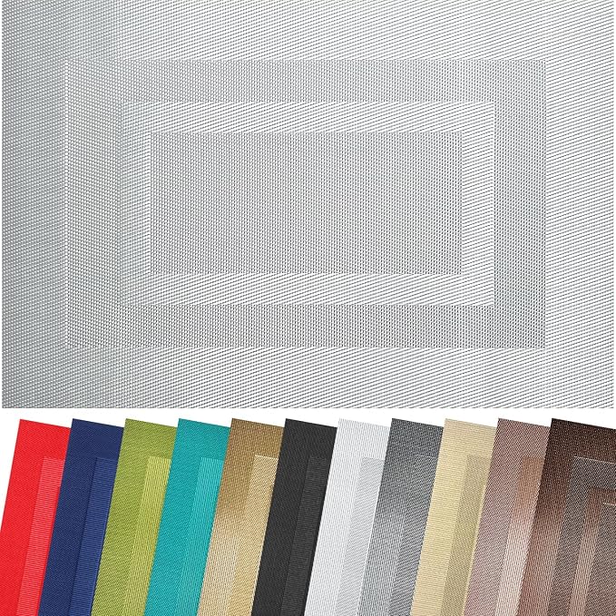 PIGCHCY Placemats Set of 8 Washable Durable Place Mats Vinyl Heat Resistant Non-Slip Table Mats Indoor Outdoor (18 x 12 inches, Bright Silver)