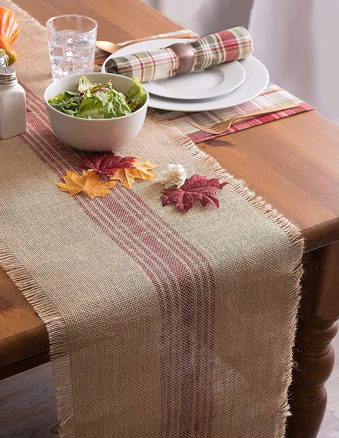 DII Jute Burlap Collection Kitchen Tabletop, Table Runner, 14x108, Middle Stripe Barn Red