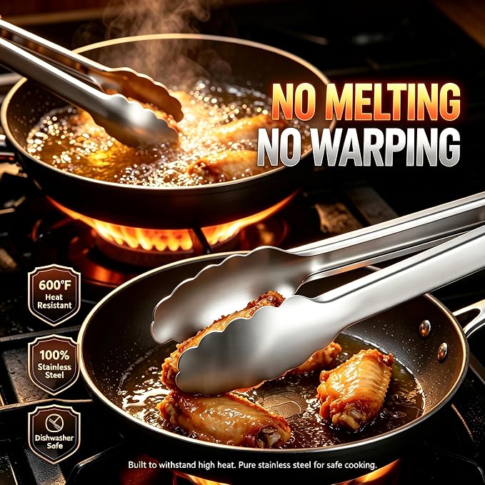 Stainless Steel Cooking Tong Set - 12" & 9" Locking Kitchen Tongs | Heat Resistant to 600 Degrees, Food Grade Kitchen Metal Tong for Food, Salad, & BBQ - Dishwasher Safe