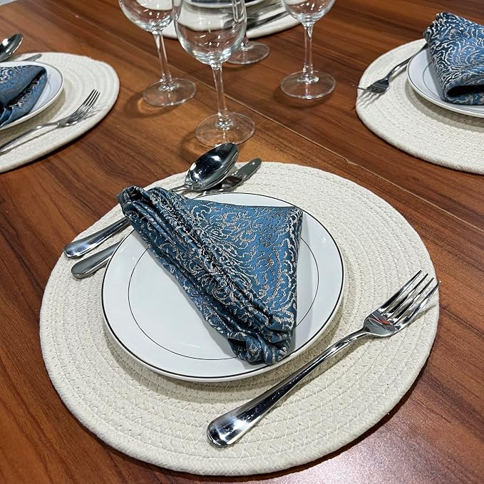 WAZAIGUR Round Placemats Washable Thick Cotton Absorbent 13 inch Round Table Mats for Kitchen Dining Table Set of 6 Round Woven Fabric Indoor/Outdoor Place Mats (Cream, 6)