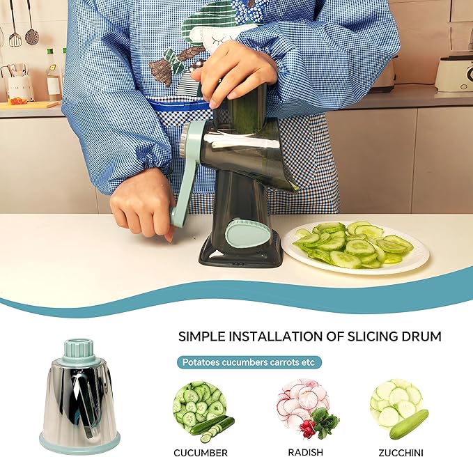 Ultra Rotary Cheese Grater – Manual Hand Crank Cheese grater & Vegetable Chopper 3 Sharp Blades & Reinforced Suction Base - Grater for cheese shredder Nuts, Vegetable - Essential Kitchen Gadgets