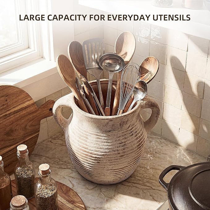 Rustic Utensil Holder for Kitchen Counter - Large Ceramic Farmhouse Cooking Utensil Crock & Organizer for Spatula, Spoon - Vintage Kitchen Decor (Taupe)