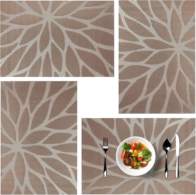 Placemats, Placemats for Dining Table Set of 4, Kitchen Table Mats Heat-Resistant Non-Slip Washable PVC Woven Vinyl Place Mats for Dining Room Table Decoration (Set of 4, Brown)