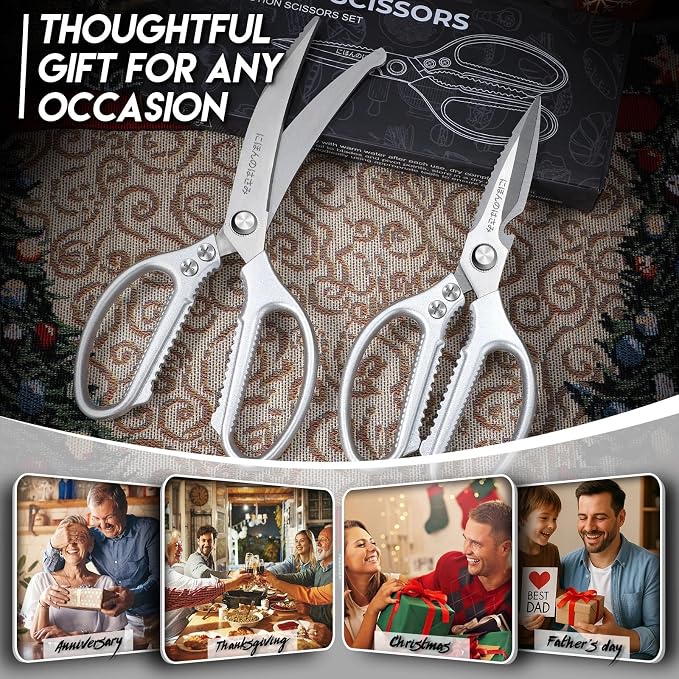 TIJERAS Kitchen Scissors Set Silver - Stainless Steel Kitchen Shears, Sharp Meat Scissors Dishwasher Safe, Heavy Duty Poultry Shears, Japanese Cooking Scissor for Food, Chicken, Gifts for Women
