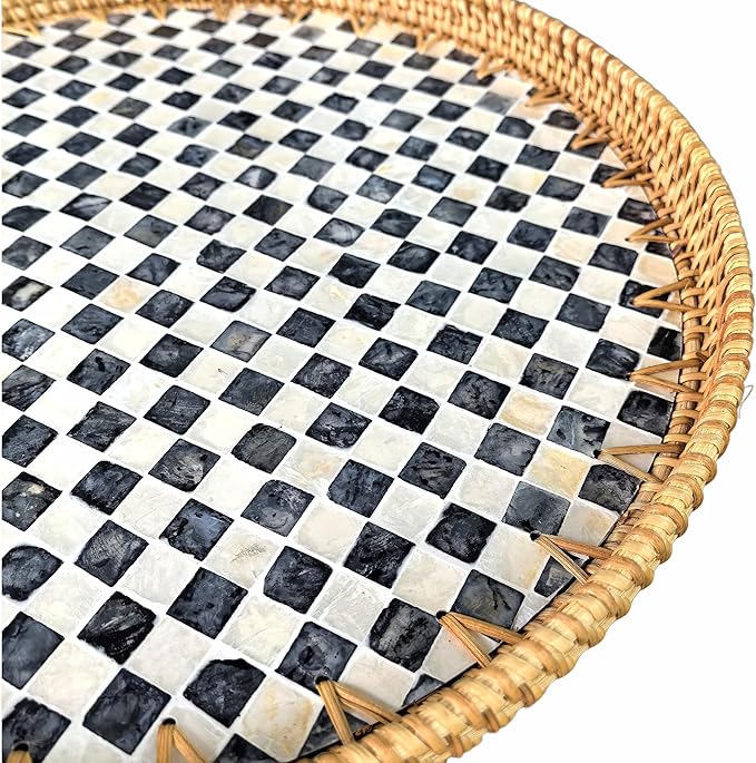 16" Rattan & Mother of Pearl Lazy Susan with Checkerboard Pattern - Round Black & White Rotating Base - Artistic Centerpiece for Charcuterie, Snacks & Coffee Tables