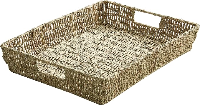 JS HANGER 16.93" Hand-Woven Rattan Serving Tray Decorative Wicker Trays with Built-in Handles for Coffee Table, Natrual Grass Storage Tray