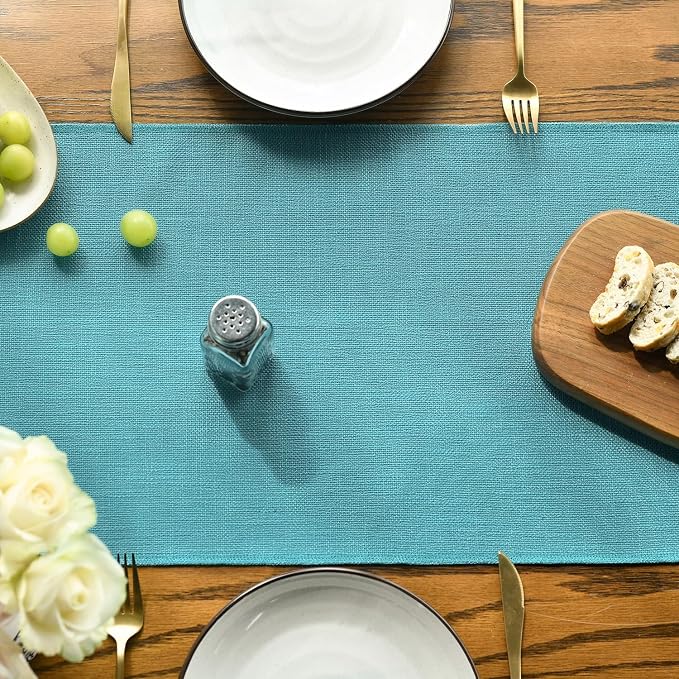 Artoid Mode Teal Tassel Table Runner, Winter Linen Blend Rustic Farmhouse Style Kitchen Table Decoration Holiday Wedding Party Dinning Decor 13x48 Inch