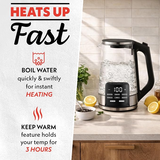 Gourmia Electric Glass Kettle – 1.7L Programmable Tea & Coffee Brewer with Digital Touch Display, 6 Presets, Removable Stainless Steel Infuser, Cordless with 360° Swivel Base, Black